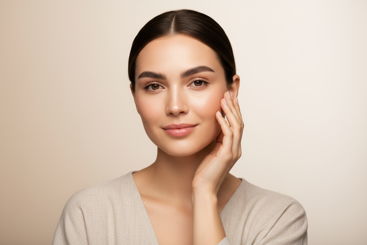 Fotografía profesional y limpia de una mujer joven con piel perfecta y cejas definidas, con expresión relajada y natural, tocando suavemente su rostro con una mano. Fondo beige o blanco suave, iluminación cálida y difusa, estilo minimalista y estético. La imagen transmite cuidado personal, confianza y belleza natural. Sin texto, sin logos, sin saturación. Ideal para un banner de tienda online de productos faciales o de belleza femenina, con sensación de bienestar, profesionalismo y calidad premium
